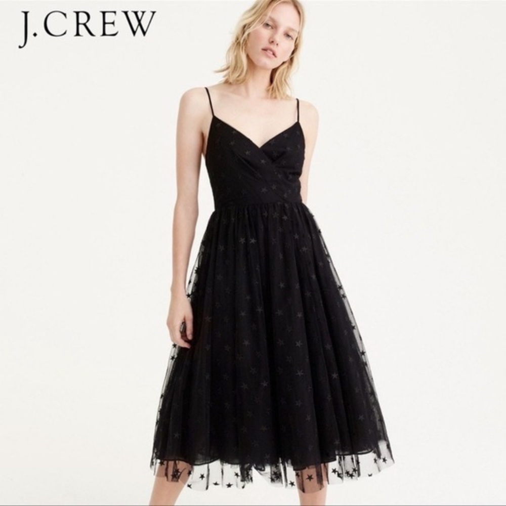 J Crew Black Star Embroidered Tulle Midi Spaghetti Strap Dress